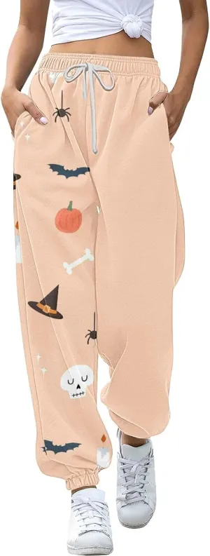 Halloween Sweatpants for Women Cinch Bottom Ghost Print Jogger Pants Drawstring High Waist Workout Trousers Pockets