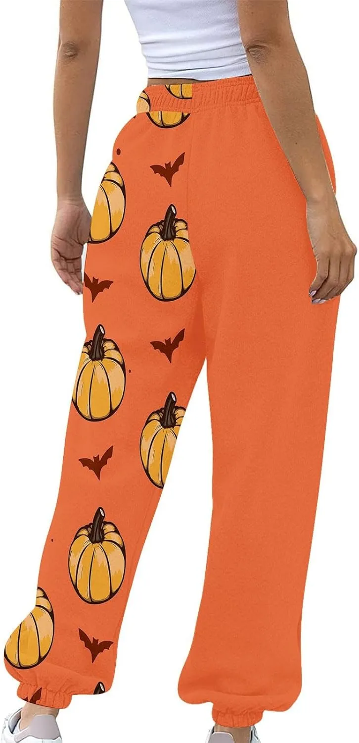 Halloween Sweatpants for Women Cinch Bottom Ghost Print Jogger Pants Drawstring High Waist Workout Trousers Pockets