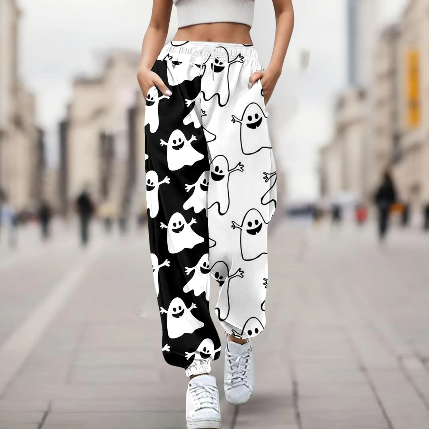 Halloween Sweatpants for Women Cinch Bottom Ghost Print Jogger Pants Drawstring High Waist Workout Trousers Pockets