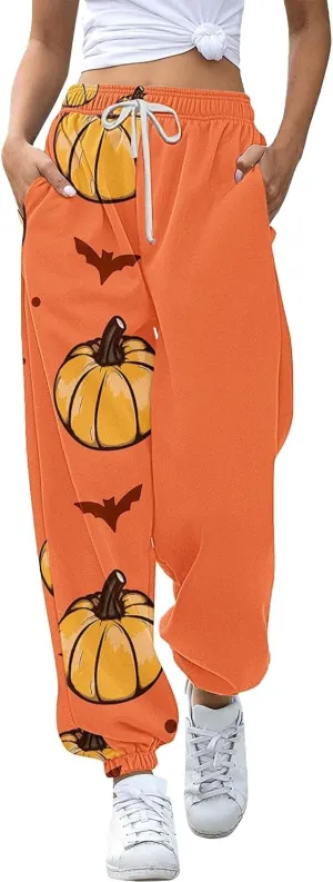 Halloween Sweatpants for Women Cinch Bottom Ghost Print Jogger Pants Drawstring High Waist Workout Trousers Pockets
