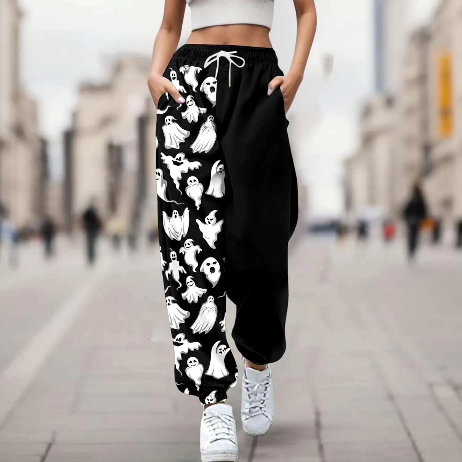 Halloween Sweatpants for Women Cinch Bottom Ghost Print Jogger Pants Drawstring High Waist Workout Trousers Pockets