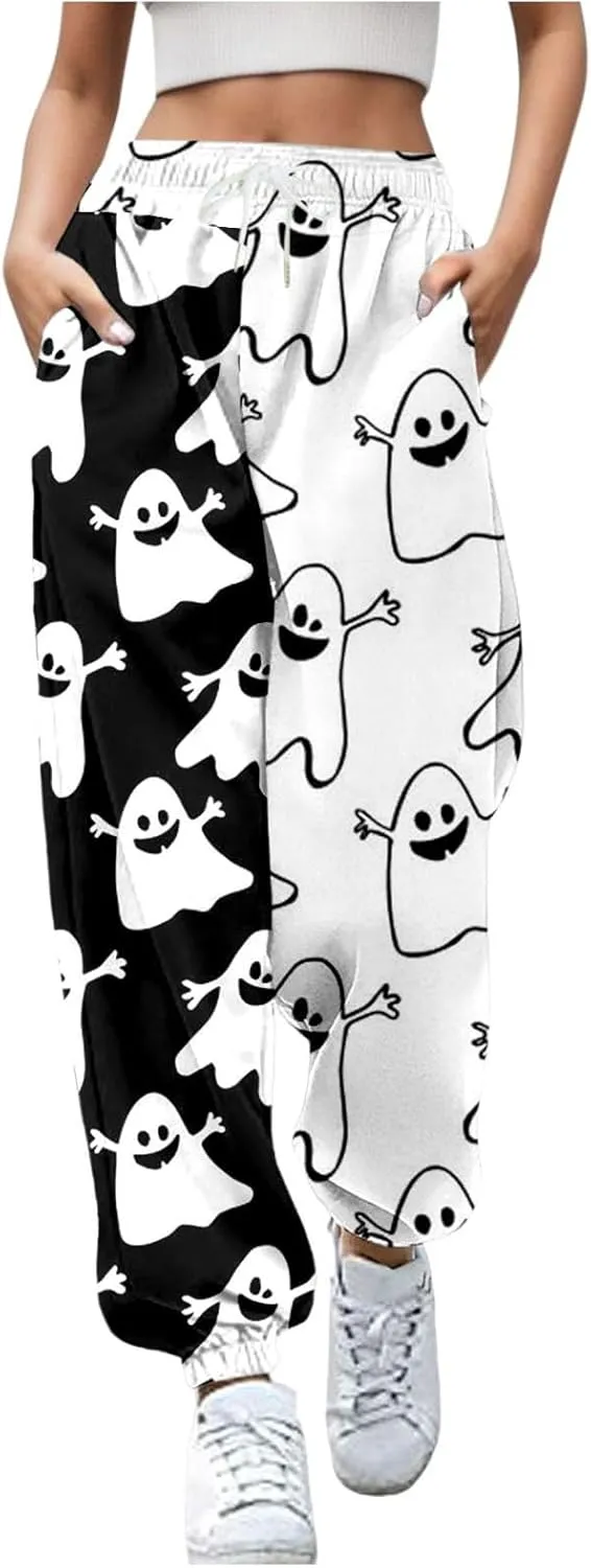 Halloween Sweatpants for Women Cinch Bottom Ghost Print Jogger Pants Drawstring High Waist Workout Trousers Pockets