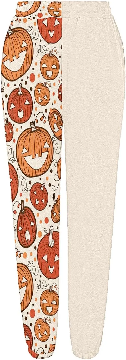 Halloween Sweatpants for Women Cinch Bottom Ghost Print Jogger Pants Drawstring High Waist Workout Trousers Pockets