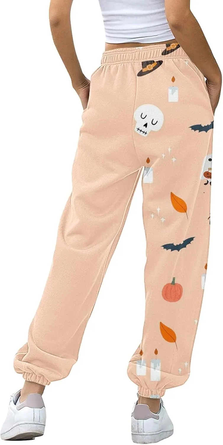 Halloween Sweatpants for Women Cinch Bottom Ghost Print Jogger Pants Drawstring High Waist Workout Trousers Pockets