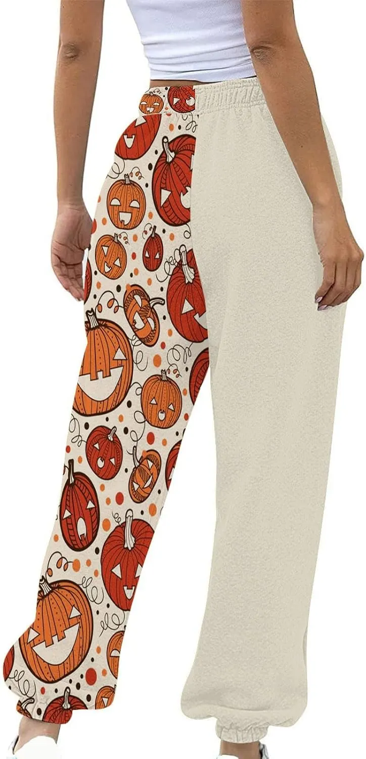Halloween Sweatpants for Women Cinch Bottom Ghost Print Jogger Pants Drawstring High Waist Workout Trousers Pockets