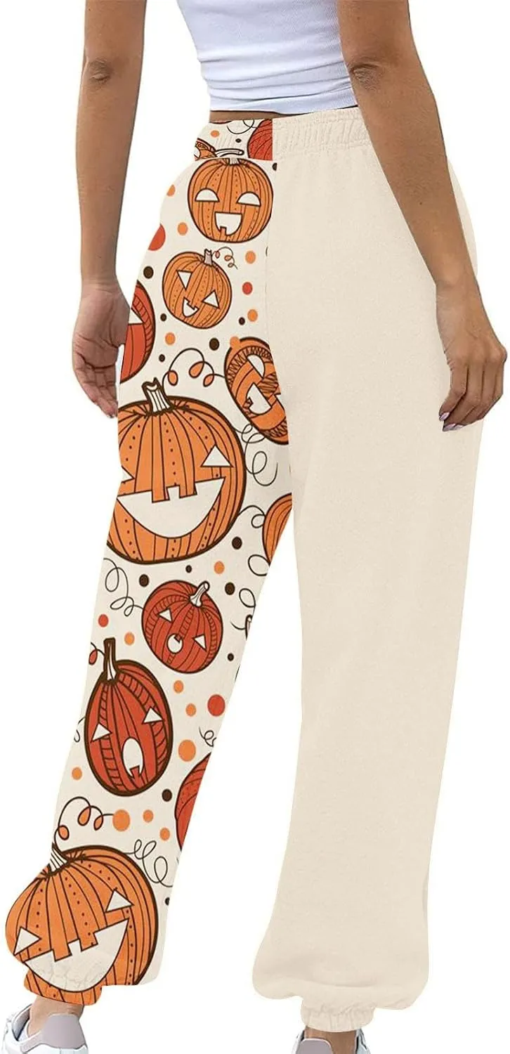 Halloween Sweatpants for Women Cinch Bottom Ghost Print Jogger Pants Drawstring High Waist Workout Trousers Pockets