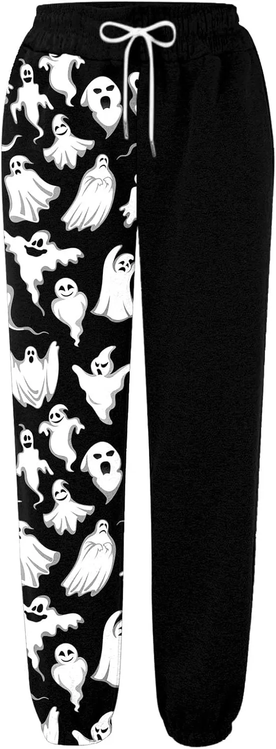Halloween Sweatpants for Women Cinch Bottom Ghost Print Jogger Pants Drawstring High Waist Workout Trousers Pockets