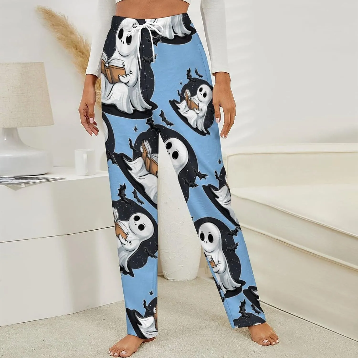 Halloween Teacher Ghost Read Books Women's Pajama Pants Fleece Warm Pj Bottoms Sleepwear Lounge Pants Loungewear