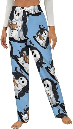 Halloween Teacher Ghost Read Books Women's Pajama Pants Fleece Warm Pj Bottoms Sleepwear Lounge Pants Loungewear