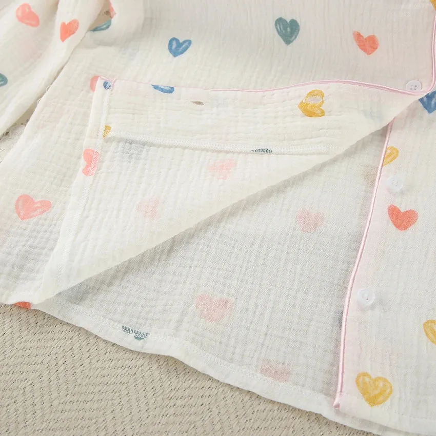 Heart Print Cotton Pajama Set Notch Collar 2-Piece Loungewear