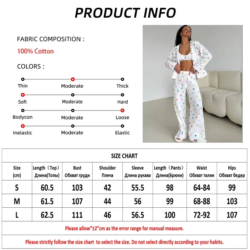 Heart Print Cotton Pajama Set Notch Collar 2-Piece Loungewear