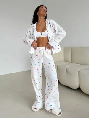 Heart Print Cotton Pajama Set Notch Collar 2-Piece Loungewear