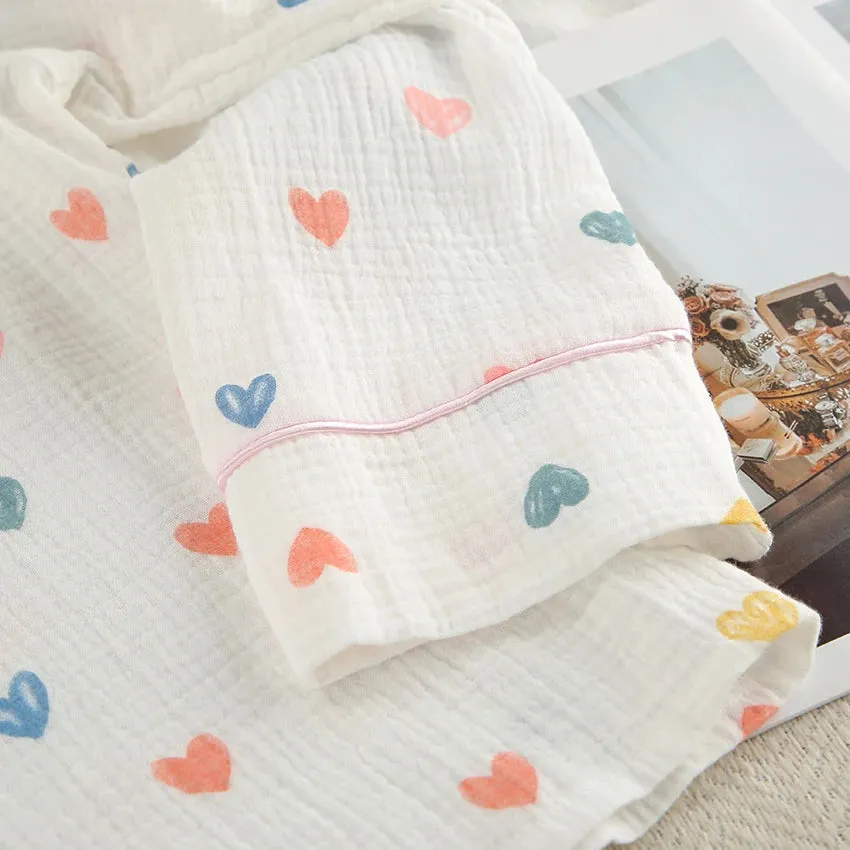 Heart Print Cotton Pajama Set Notch Collar 2-Piece Loungewear