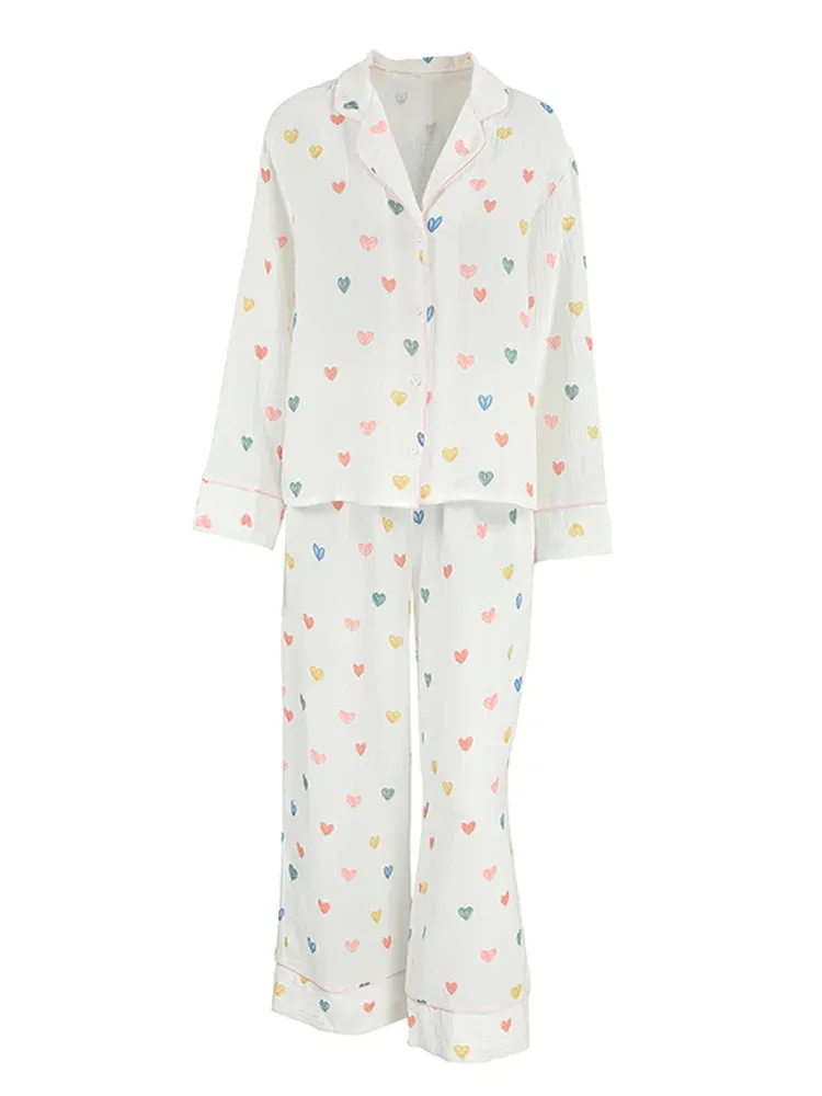 Heart Print Cotton Pajama Set Notch Collar 2-Piece Loungewear