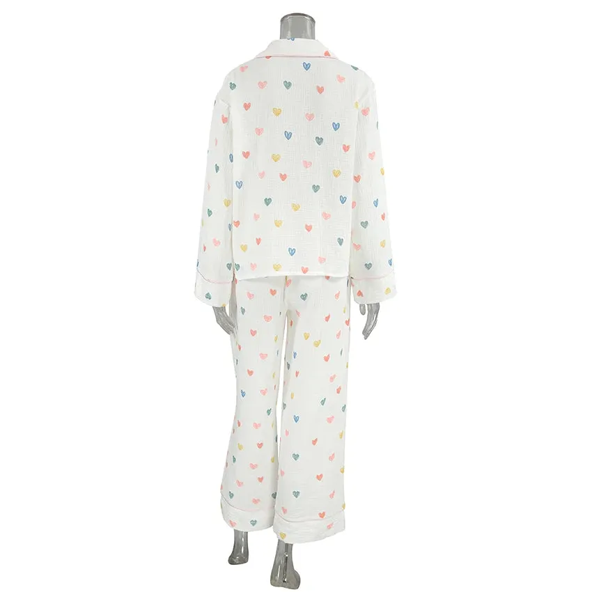 Heart Print Cotton Pajama Set Notch Collar 2-Piece Loungewear
