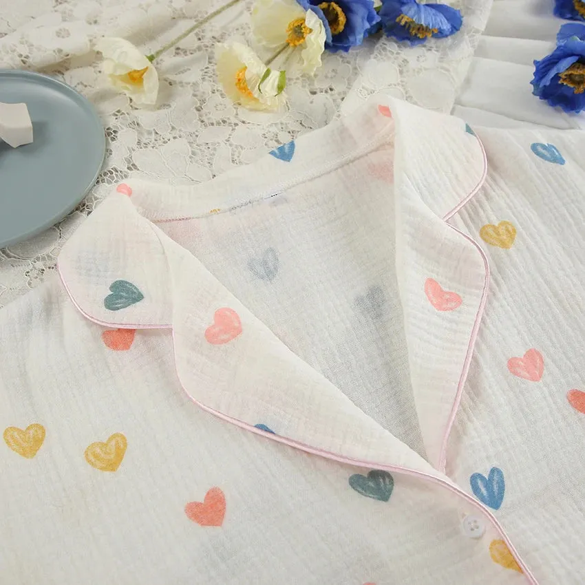 Heart Print Cotton Pajama Set Notch Collar 2-Piece Loungewear