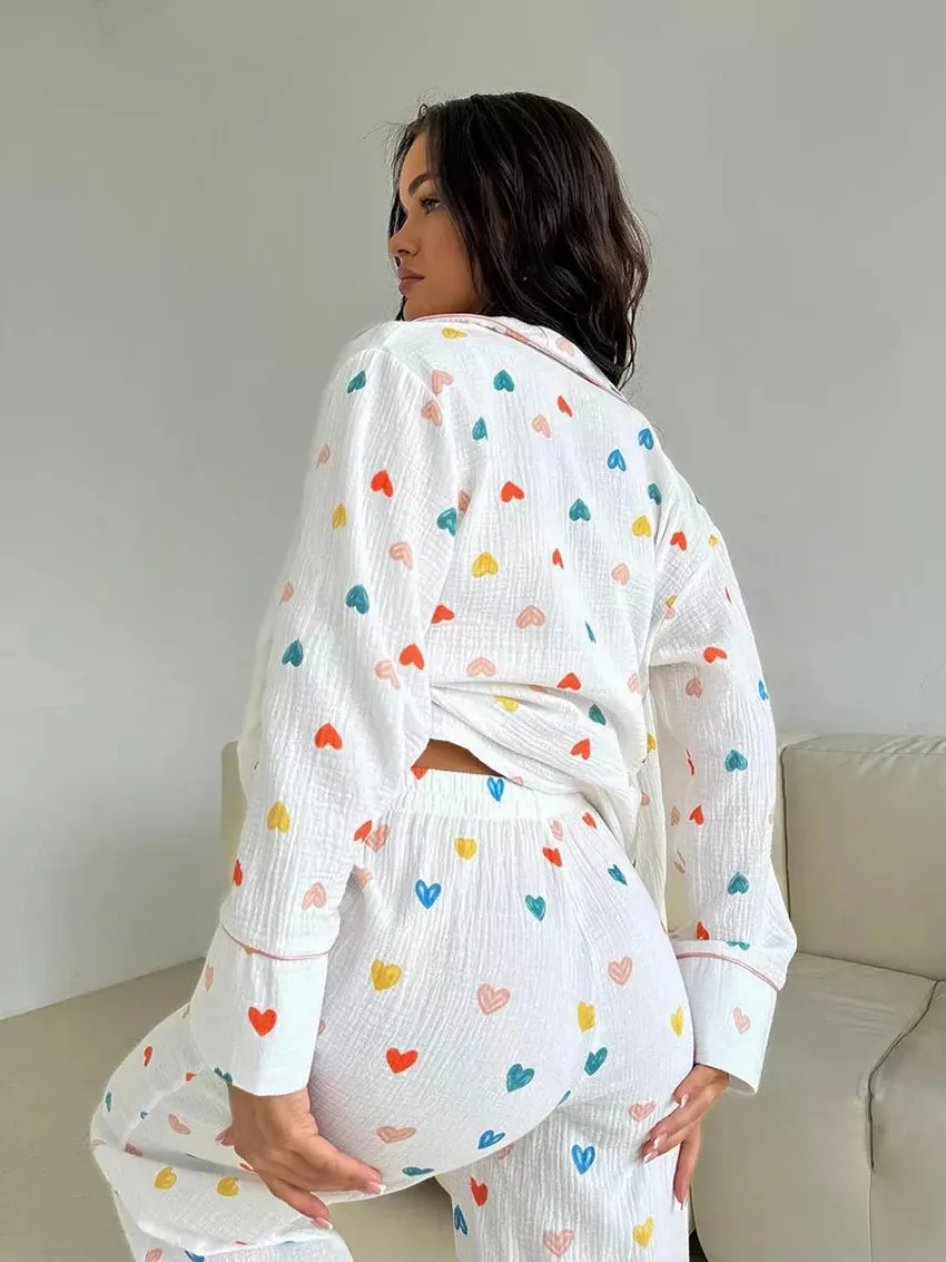 Heart Print Cotton Pajama Set Notch Collar 2-Piece Loungewear