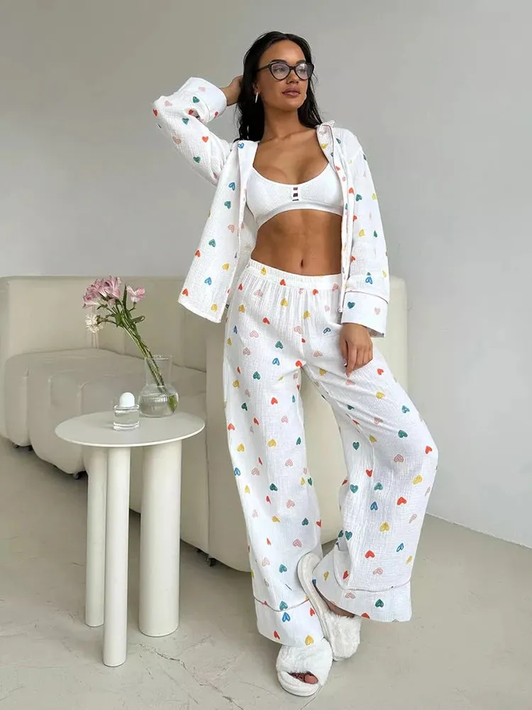 Heart Print Cotton Pajama Set Notch Collar 2-Piece Loungewear