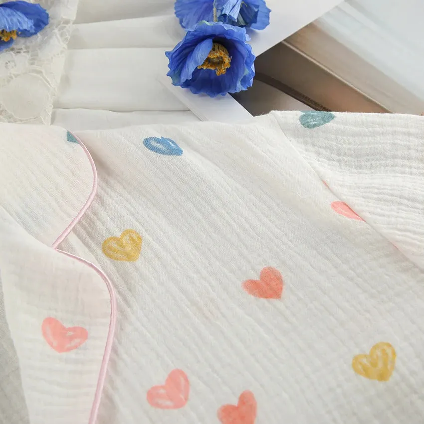 Heart Print Cotton Pajama Set Notch Collar 2-Piece Loungewear