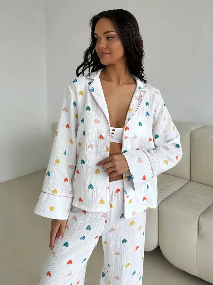 Heart Print Cotton Pajama Set Notch Collar 2-Piece Loungewear