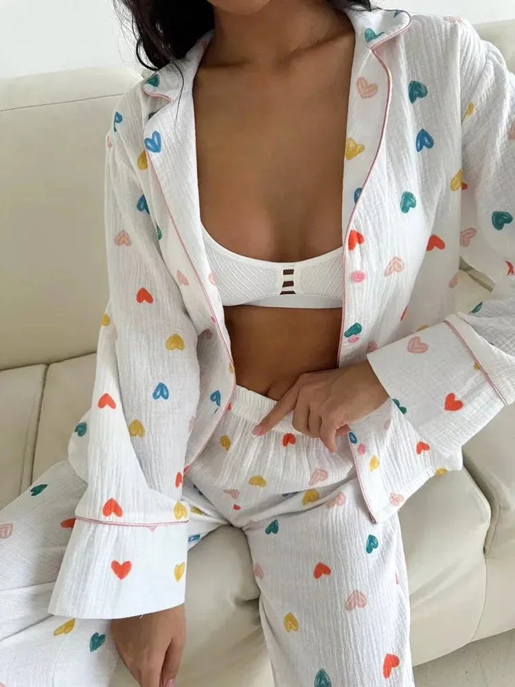 Heart Print Cotton Pajama Set Notch Collar 2-Piece Loungewear
