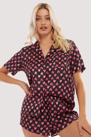 Heart Print Satin Pyjama Set, Size UK 14