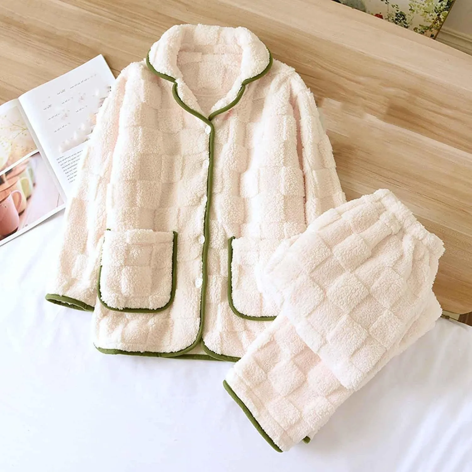 HGps8w Women's Fuzzy Fleece 2 Piece Pajama Sets - Button Down Long Sleeve Pjs Sleepwear Winter Plush Pants Lounge Outfits