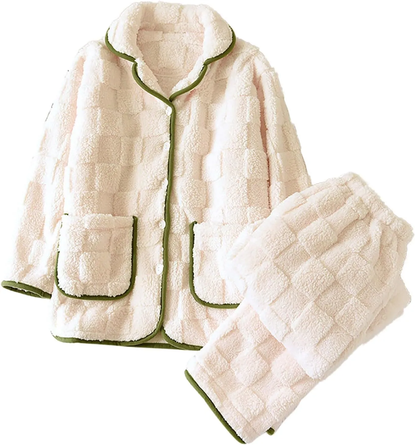 HGps8w Women's Fuzzy Fleece 2 Piece Pajama Sets - Button Down Long Sleeve Pjs Sleepwear Winter Plush Pants Lounge Outfits