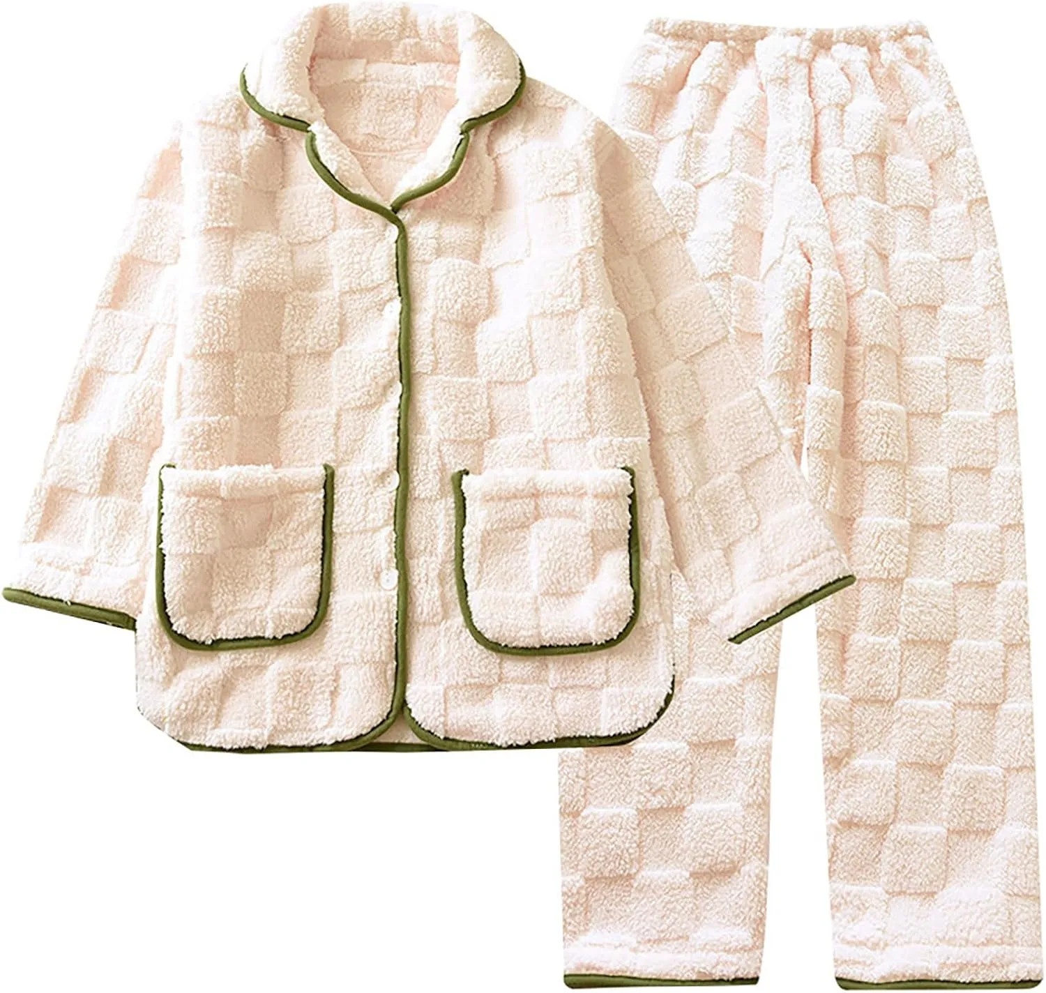 HGps8w Women's Fuzzy Fleece 2 Piece Pajama Sets - Button Down Long Sleeve Pjs Sleepwear Winter Plush Pants Lounge Outfits