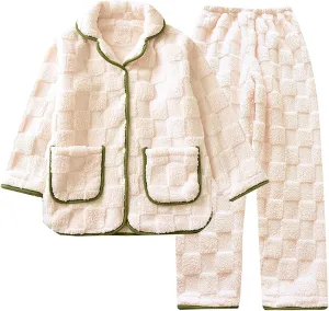 HGps8w Women's Fuzzy Fleece 2 Piece Pajama Sets - Button Down Long Sleeve Pjs Sleepwear Winter Plush Pants Lounge Outfits