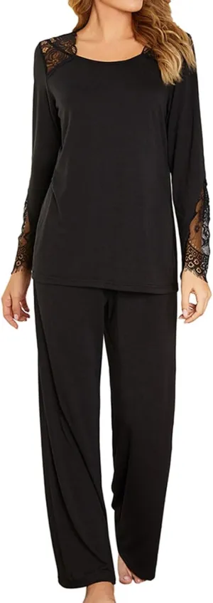 HGps8w Womens Pajamas Lounge Set Solid Color Lace Patchwork Long Sleeve Shirt with Soft Long Pants Sleepwear Two-Piece Pjs