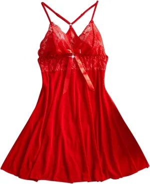 HGps8w Womens Sexy Lace Splicing Satin Cami Nightgown Chemise Slip Silk Negligee Spaghetti Straps Babydoll Lingerie Sleepwear