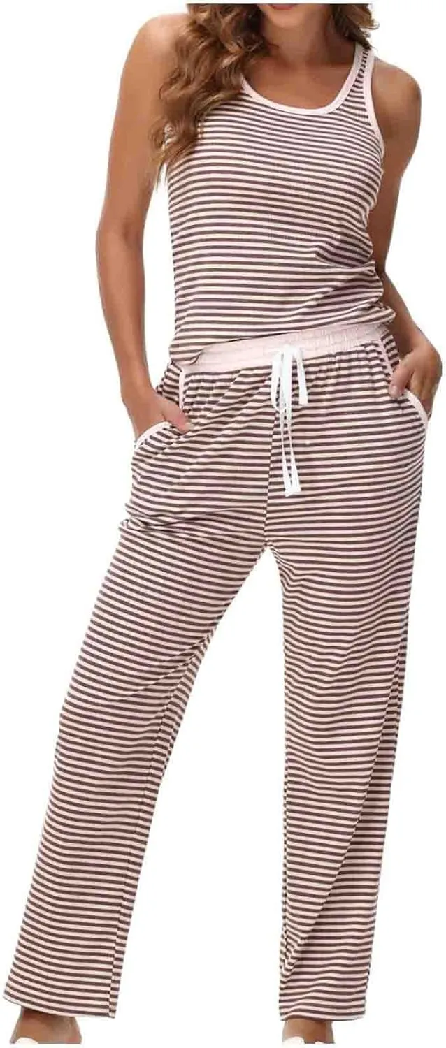 HGps8w Women's Summer Striped Pajamas Sets Casual Sleeveless Soft Ribbed Knit Sleepwear Comfy Pjs Pants 2pcs Lounge Set