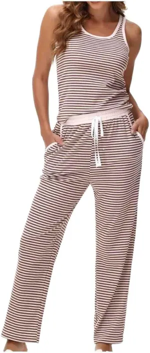 HGps8w Women's Summer Striped Pajamas Sets Casual Sleeveless Soft Ribbed Knit Sleepwear Comfy Pjs Pants 2pcs Lounge Set