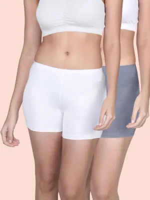 High Waist Long Panties with Full Coverage, Gusseted Crotch, and Seamless Sides in White & Grey Boyshorts