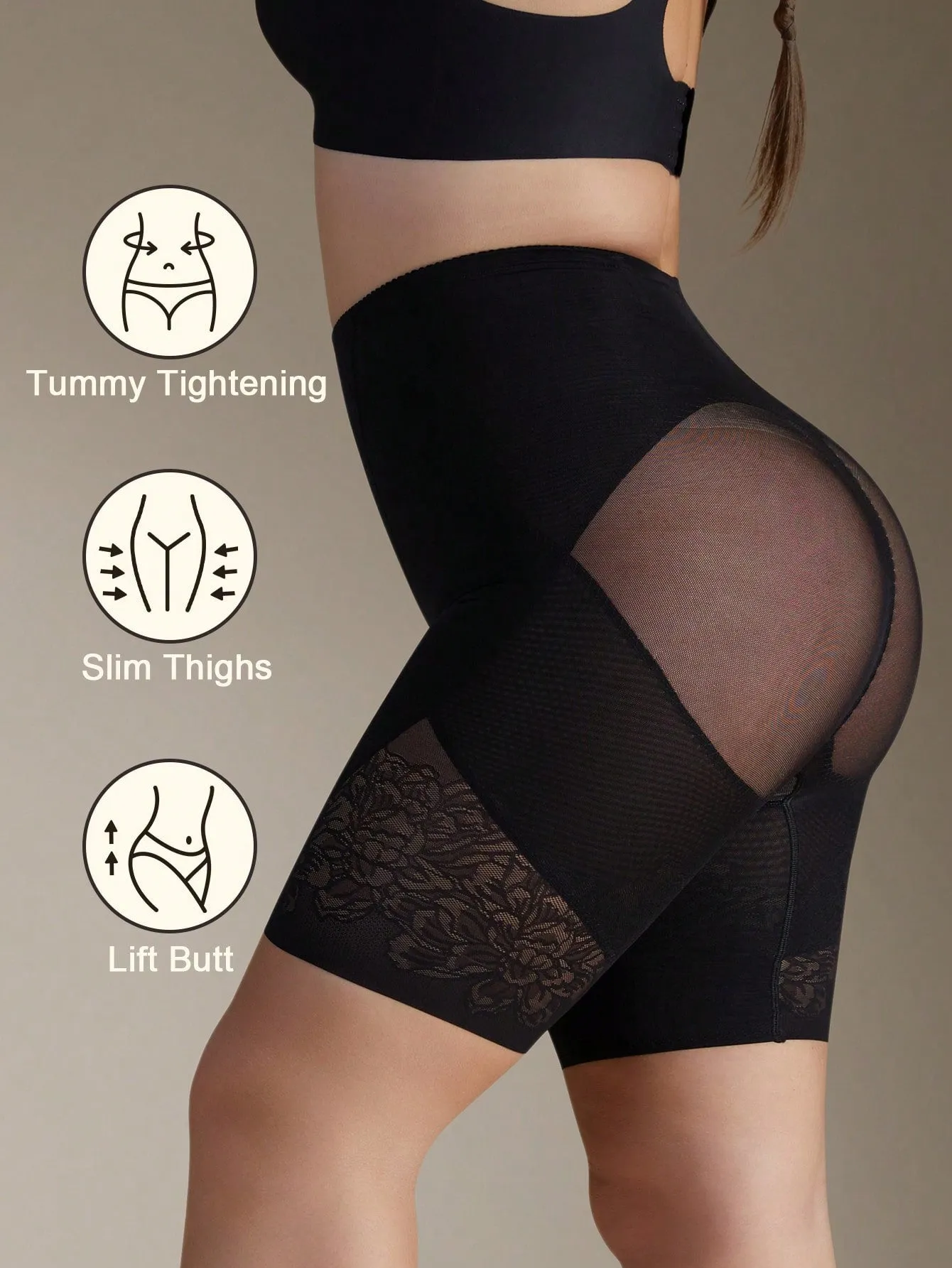 High Waist Tummy Control Shapewear Shorts - Black Mesh & Lace for Women