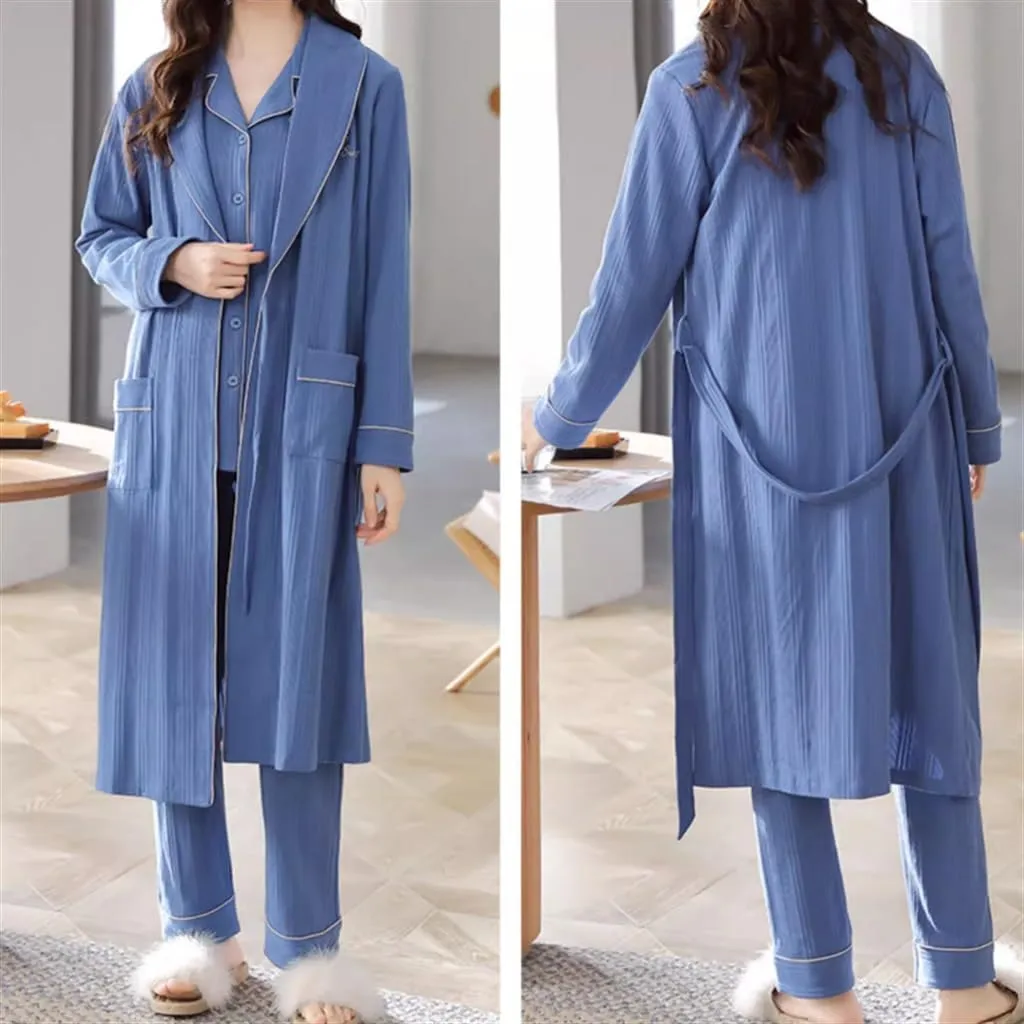 Home Wear Three-piece Set Nightgown for Women Spring and Autumn Cotton Long-sleeved Red Wedding Bathrobe