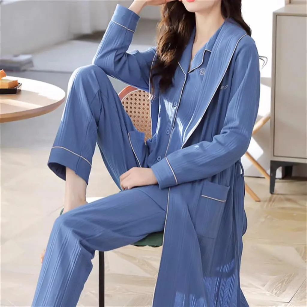 Home Wear Three-piece Set Nightgown for Women Spring and Autumn Cotton Long-sleeved Red Wedding Bathrobe