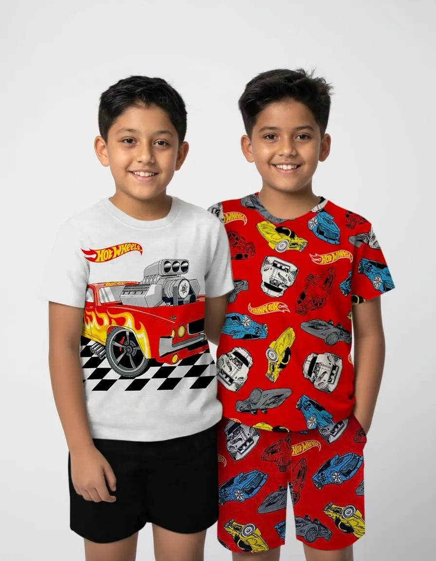 Hot Wheels Boys Pajama Set - 4 Piece Short Sleeve & Shorts Pajama Set - 100% Cotton Pjs, Snug-Fit Kids Summer Pajamas