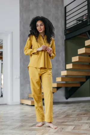 Hot Yellow Cotton Pajama Set, Curry Pajama Pants With Ribbon, Long Sleeve Natural Cotton Shirt, Comfy Cotton Sleepwear, Home Clothes For Her