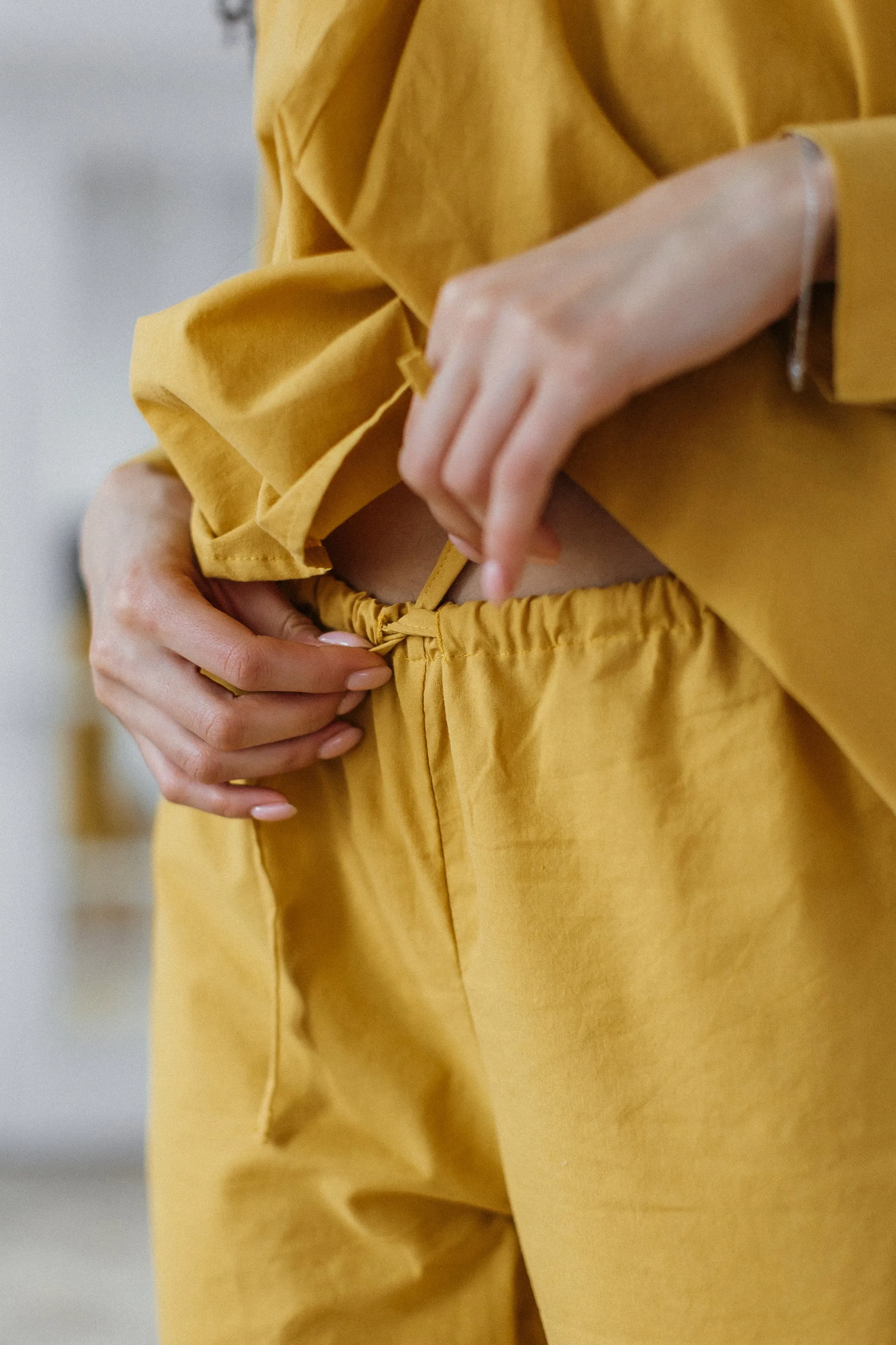 Hot Yellow Cotton Pajama Set, Curry Pajama Pants With Ribbon, Long Sleeve Natural Cotton Shirt, Comfy Cotton Sleepwear, Home Clothes For Her
