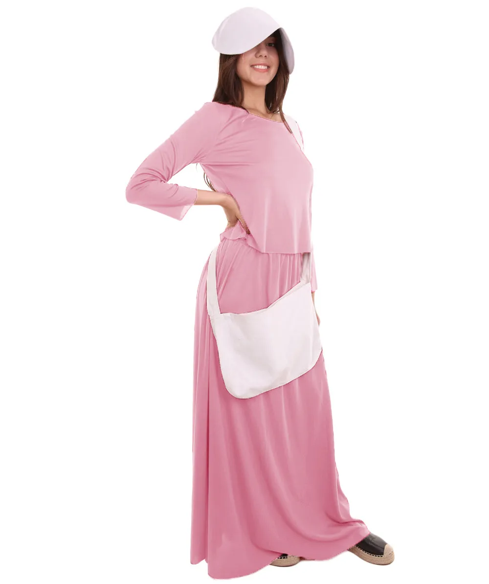 HPO Adult Women's Robe Handmaid with Bag and Bonnet Costume I Pink & White Color I Synthetic Materials