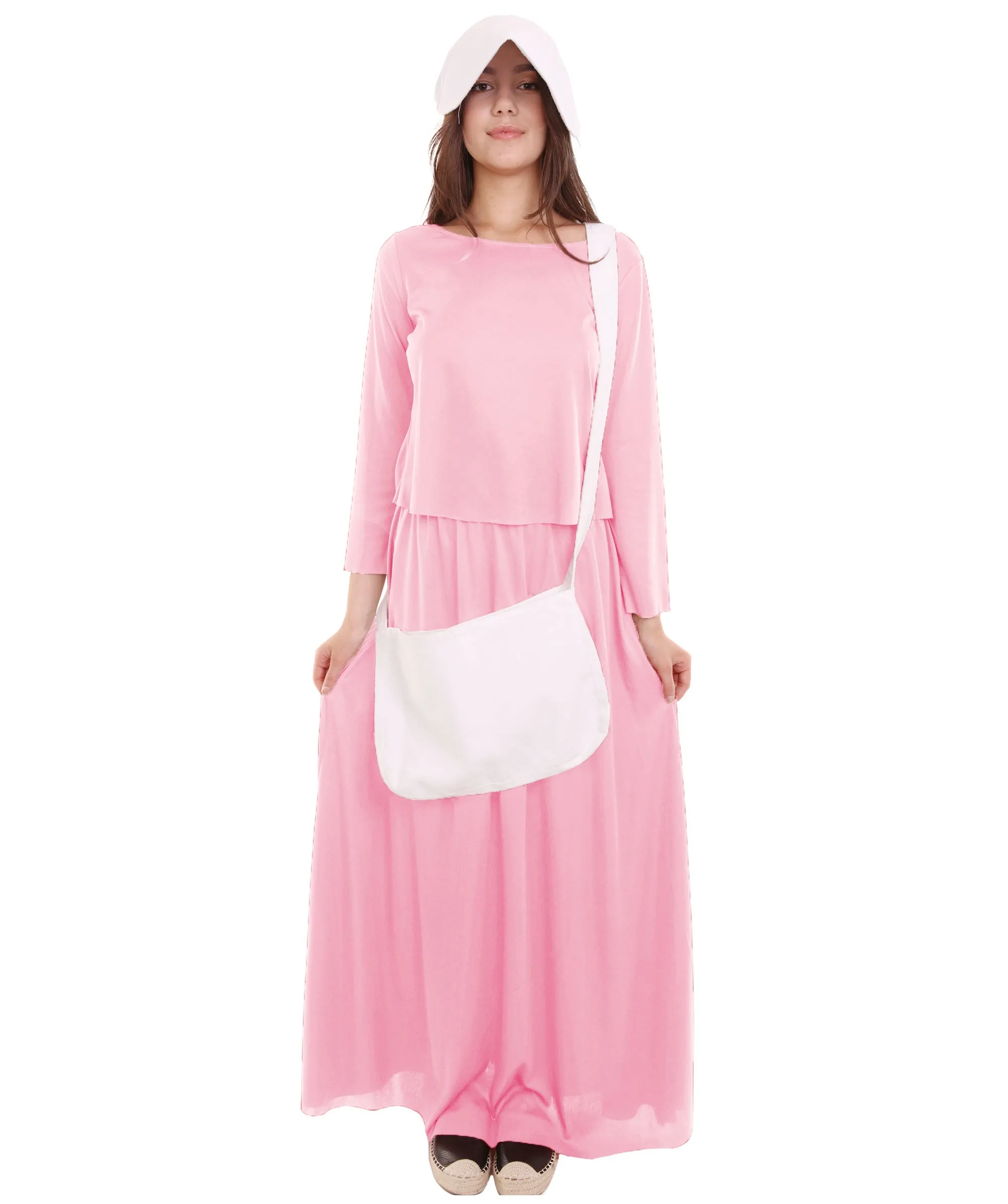HPO Adult Women's Robe Handmaid with Bag and Bonnet Costume I Pink & White Color I Synthetic Materials