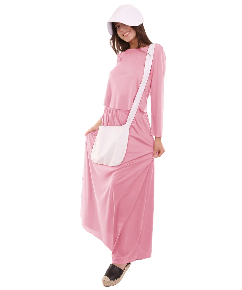 HPO Adult Women's Robe Handmaid with Bag and Bonnet Costume I Pink & White Color I Synthetic Materials