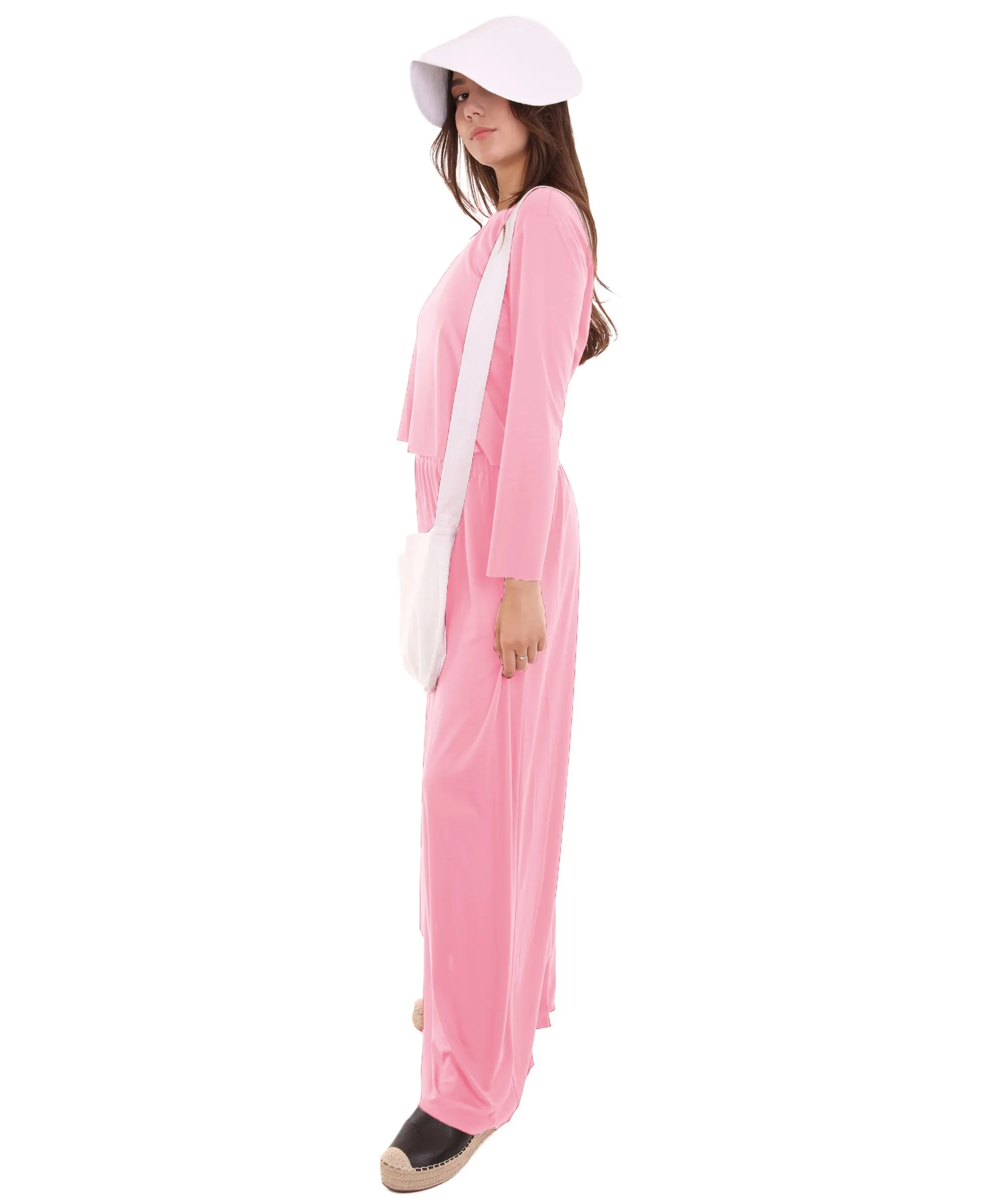 HPO Adult Women's Robe Handmaid with Bag and Bonnet Costume I Pink & White Color I Synthetic Materials
