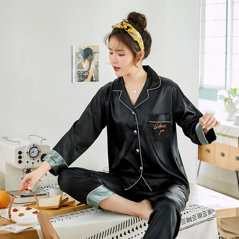 Ice Silk Couple Pajamas Spring And Summer Long-sleeved Printed Silk Pajamas - Men's Pajama Set