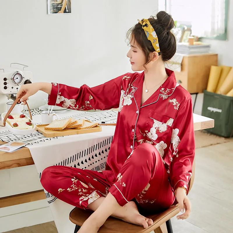 Ice Silk Couple Pajamas Spring And Summer Long-sleeved Printed Silk Pajamas - Men's Pajama Set