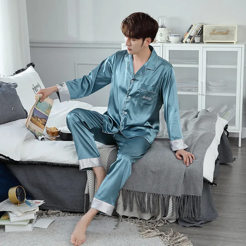 Ice Silk Couple Pajamas Spring And Summer Long-sleeved Printed Silk Pajamas - Men's Pajama Set