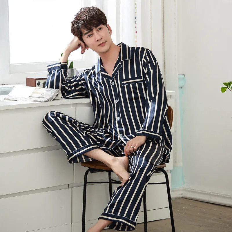 Ice Silk Couple Pajamas Spring And Summer Long-sleeved Printed Silk Pajamas - Men's Pajama Set