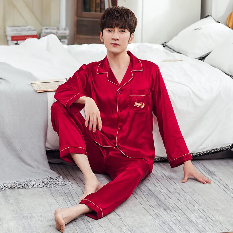 Ice Silk Couple Pajamas Spring And Summer Long-sleeved Printed Silk Pajamas - Men's Pajama Set